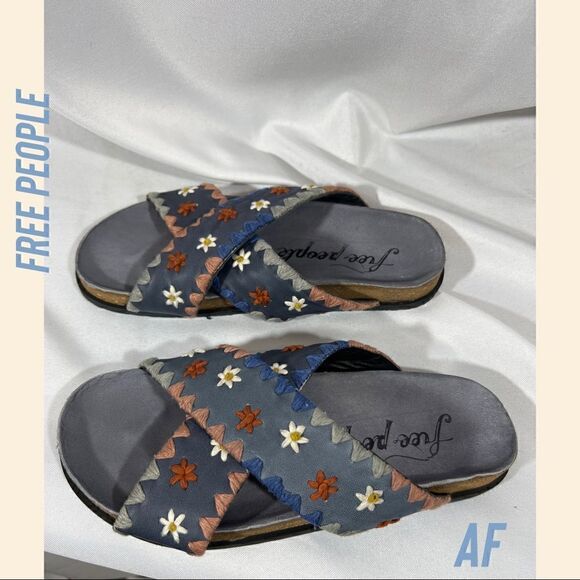 FREE PEOPLE Wildflowers Footbed Embroidered Floral Leather Slide Sandals 36 1/2